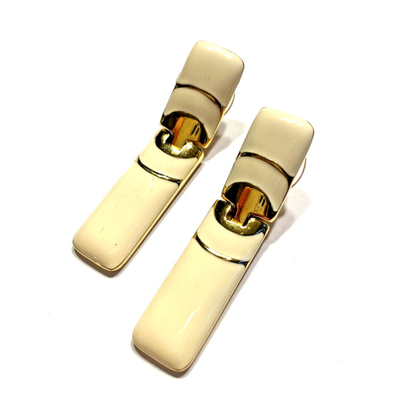 Vintage Monet Pierced Earrings Unique Gold & Creamy White Enamel 80’s Boss Lady - Picture 6 of 6